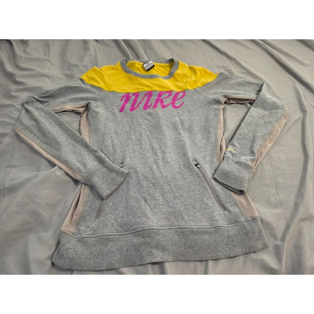 Nike Dri-FIT Womens Gray Yellow Pink Script Logo Thumbhole Training Top Medium